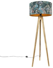 Statyw Vintage Drewno z Kloszem Pawim Zielonym 50 cm - Tripod Classic Rustykalny / Vintage Oswietlenie wewnetrzne