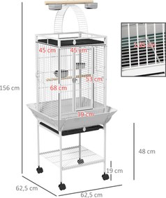 PawHut Klatka dla ptaków, klatka dla papug z 3 drzwiami, 2 żerdziami, kółkami 360°, miską na karmę, półką, wyjmowaną tacą, 62,5x62,5x156 cm, biały | Aosom PL