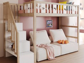 Łóżko antresolowe dziecięce 90×200 cm - z drabiną ze schowkiem - z barierkami bezpieczeństwa - naturalne (bez materaca)