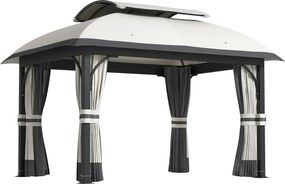 Outsunny Pawilon Ogrodowy, 3,3 x 4 m Namiot z Siatkowymi Zasłonami, Dwupoziomowy Dach, Pokrycie Skórą Ekologiczną, Metalowa Rama, Jasnoszary