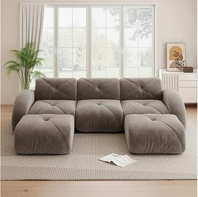 Canapé d'angle 3 places modulable en tissu chenille, avec 2 pouf, 281x171x76cm, Marron
