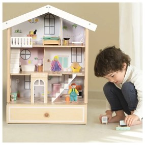 Classic world duży drewniany domek dla lalek 2 figurki naturalne drewno 28 el.