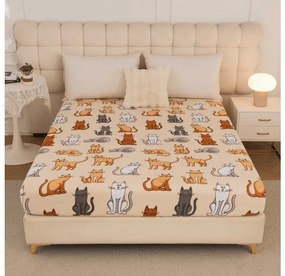 PrzytulneMieszkanie.pl Prześcieradło z mikropluszu COLORED CATS 90x200 cm kremowe