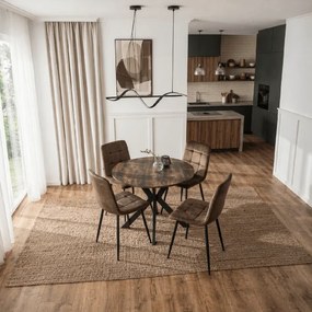 Zestaw Stół Okrągły LAUREN 80 cm Dąb Rustykalny/Czarny i 4 Krzesła PERU Brązowe Welurowe