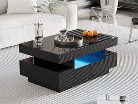 Stolik kawowy z połyskiem, z listwą świetlną LED, 4 szuflady z przodu i z tyłu, Płyta wiórowa, Czarny