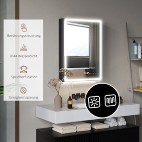HOMCOM Szafka łazienkowa z lustrem LED, 50 x 70 cm, ściemnialna, przeciwmgielna, Czarna