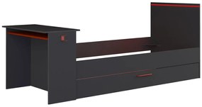 Łóżko wysuwane gamer 90 x 200 i 90 x 190 cm – z biurkiem – oświetlenie LED – kolor antracytowy i czerwony – VOUANI