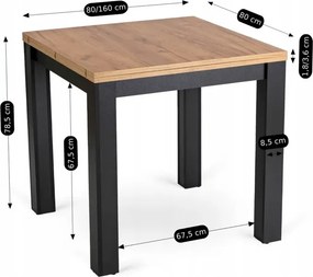 Zestaw Stół Kwadratowy Rozkładany MAX 80-160 cm Dąb Craft/Czarny i 4 Krzesła Tapicerowane CHRIS Czarne