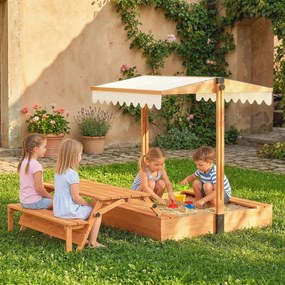 AIYAPLAY Piaskownica z dachem Piaskownica z drewna ze składanym stołem piknikowym i ławkami dla dzieci w wieku 3-8 lat 184 x 110 x 120 cm Brązowa | Aosom PL
