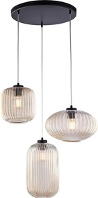 Lampa wisząca Glamour z czarnego lakierowanego żelaza, regulowane kable, klosze z bursztynowego szkła dmuchanego z wzorem w paski, 3 światła