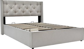 Łóżko z pojemnikiem 140x200 cm - Łóżko dla dorosłych z tapicerowanym zagłówkiem - beżowa bawełna - materac w zestawie