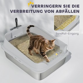 PawHut Kuweta ze stali nierdzewnej otwarta z łopatką, wysokie ścianki dla dużych kotów do 12 kg, 69,8 x 50,3 x 29,8 cm, Szara | Aosom PL