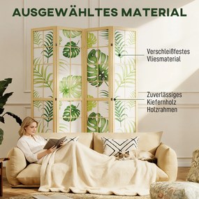 HOMCOM 4-częściowy parawan, składany, design boho, tropikalny motyw, wolnostojący parawan, rama drewniana, zielony | Aosom PL