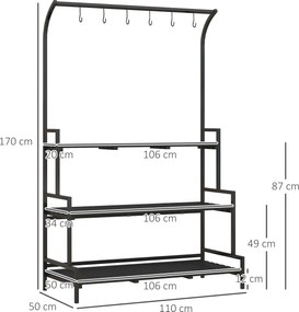 Outsunny Stojak na kwiaty, 3 poziomy, 6 haków, Wewnątrz i Na Zewnątrz, Metalowa rama, 170W x 110Dł x 50S cm, Czarny