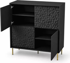 Nowoczesna komoda PULSET KM-2 w czerni z eleganckimi złotymi nóżkami – idealna do salonu lub sypialni