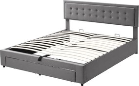 Łóżko 180 x 200 cm z pojemnikiem na pościel, zagłówkiem i dużą szufladą - aksamit - stelaż z listew - kolor szary