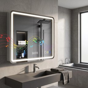 HOMCOM Lustro łazienkowe z podświetleniem LED, mata przeciwmgielna, 3 regulowane kolory, zegar, 600 x 800 mm, kolor srebrny | Aosom PL