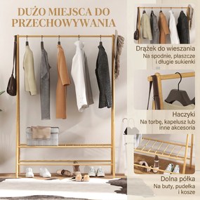 HOMCOM Wieszak na Ubrania z Bambusa z Półką na Buty i Hakami, Wolnostojący, do Przedpokoju, Sypialni, Drewno Naturalne