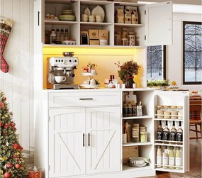 Kredens kuchenny 110x38x180 cm - 5 drzwi i 1 szuflada - półka na przyprawy - z oświetleniem LED i gniazdkiem elektrycznym - Biały