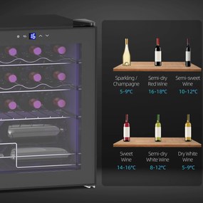 HOMCOM Wolnostojąca chłodziarka do wina, 16 butelek, do domowego baru, salonu, kuchni ekran dotykowy, drzwi szklane, oświetlenie LED