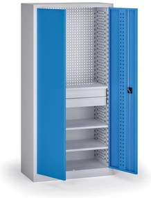 Szafa warsztatowa, 3 półki + 2 szuflady, 1950 × 950 × 500 mm, niebieskie drzwi
