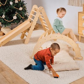 4w1 Zestaw Wspinaczkowy Montessori dla Dzieci: Drabinka Pikler + Bujak + Zjeżdżalnia + Poduszka -  Beżowy