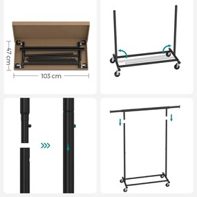 SongmicsHome Stojak na ubrania INEZ na kółkach, maks. 90kg, 83,5x45x160cm, czarna