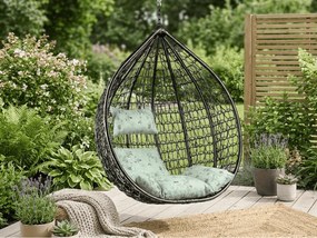 Czarne wiszące krzesło KOKON bez stojaka, jasnozielona poduszka ze wzorem