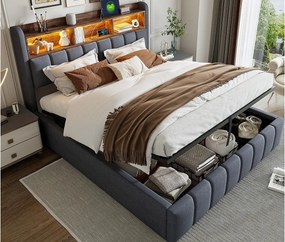 Łóżko z pojemnikiem i tapicerowanym zagłówkiem 180x200 cm - z oświetleniem LED + portem USB - Len - szare (bez materaca)