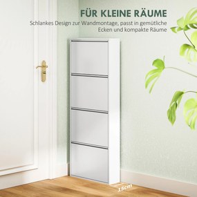 HOMCOM Wąska Biała Szafka na Buty Metalowa do 8 Par Butów z 4 Składanymi Szufladami, dla Przedpokoju, Biała