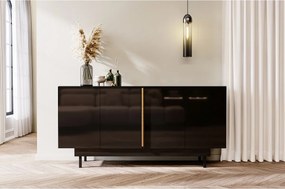 Błyszczący czarny bufet Dancan ARTEMISA z dodatkami w kolorze złota - Nowoczesny i elegancki design z systemem Push to Open