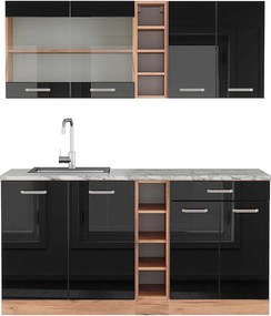 Pojedyncza kuchnia czarny/złoty dąb o wysokim połysku 160x60x81.6 r-line