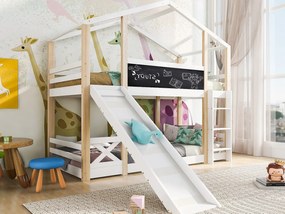 Łóżko piętrowe Cabin - 2 x 90 x 200 cm - sosna i płyta MDF - zjeżdżalnia, drabinka i stelaż z listew - kolory: naturalny i biały