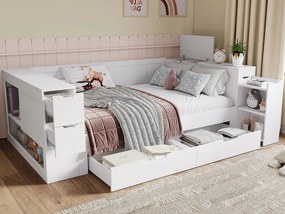 Sofa z funkcją spania dla dzieci 140x200cm - z szufladami, półkami i przestrzenią do przechowywania - z nocną szafką - Biały (bez materaca)