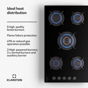 Klarstein Goldflame 5, płyta gazowa, 5-palnikowa, samowystarczalna, side control, gaz ziemny / gaz propan, ceramika szklana, czarna