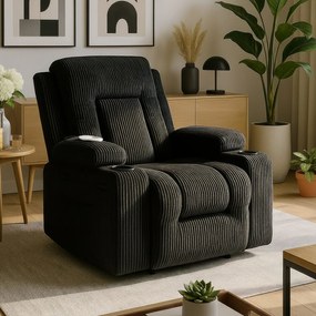 Fotel Masujący BOX Rozkładany Wypoczynkowy z Podnóżkiem Czarny Sztruksowy Nowoczesny