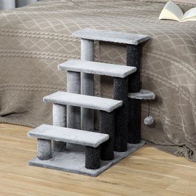 PawHut Schody dla zwierząt 4-poziomowe Pluszowe dla kotów i psów z piłką do zabawy Szare 60x40x64cm | Aosom PL