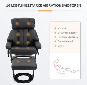 HOMCOM Fotel z masażem i funkcją leżenia Podnóżek w zestawie Skóra ekologiczna Czarny 76x80x102cm | Aosom PL