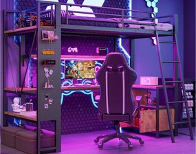 Łóżko na antresoli 90x200 cm - Konstrukcja stalowa - Oświetlenie LED - Biurko z półką - Port USB - Czarny​ (materac nie jest wliczony w cenę)