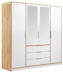Szafa 4-drzwiowa z 3 szufladami - Z lustrami - szer. 196 cm - Naturalny i biały - LAMIKI