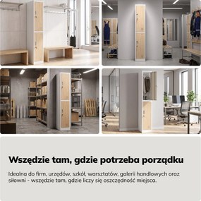 Szafka BHP ubraniowa, pracownicza, pojedyncza, 2 skrytki z drążkiem, biała/dąb sonoma, 316,5x1850x450 mm: IGOR 1 Plus Eco Design