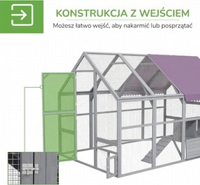 PawHut Kurnik, dom dla kur, buda dla kur, wejście, odporny na warunki pogodowe, 280 x 185,5 x 188 cm, Szary