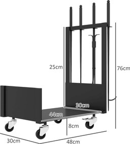 Outsunny Regał na drewno kominkowe z kołami, bogate wyposażenie, metalowa rama, udźwig do 60 kg, 48 x 30 x 76 cm, czarny