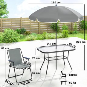Outsunny Zestaw Mebli Ogrodowych 119 x 68 cm Stół ze Szkła z 6 Składanymi Krzesłami Parasol Wzór Wodny Szary | Aosom PL