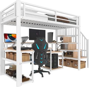 Łóżko na antresoli 90x200 cm - z drabiną bezpieczeństwa - z taśmą LED + biurkiem - z portem USB - biały​ (materac nie jest wliczony w cenę)