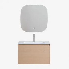Zestaw Mebli Łazienkowych Z Drewna Z Wbudowaną Umywalką Jacob Naturalna & Kwadratowa Lampa Led I Przeciwmgielna 75x75 - Sklum
