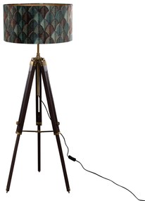 Mosiężna lampa podłogowa na trójnogu z aksamitnym abażurem w kształcie liścia i złotym wnętrzem - Cortin klasyczny/Antyczny Oswietlenie wewnetrzne