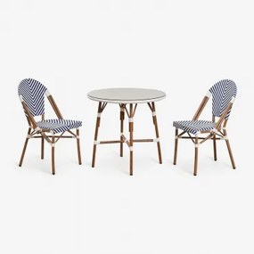 Zestaw Okrągłych Stołów Brielle Bistro (średnica 80 Cm) I Dwa Składane Aluminiowe Krzesła Ogrodowe Niebieski Ken - Gardenia Biel - Sklum