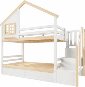 Łóżko piętrowe dla dzieci - 2 x 90 x 200 cm - z łóżkami hydraulicznymi + drabinka ze schowkiem - drewniane - białe