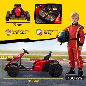 AIYAPLAY Gokart elektryczny 24 V, tryb driftu, regulowane siedzenie, 5-punktowy pas bezpieczeństwa, funkcja muzyki, klakson, 6-12 lat, czerwony